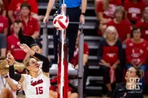 Nebraska Cornhusker Andi Jackson (15) blocks the ball against Stanford Cardinal Sami Francis (17) in the second set during a college volleyball match Wednesday, September 18, 2024, in Lincoln, Nebraska. Photo by John S. Peterson.