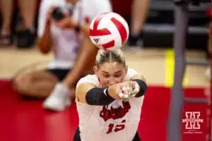 Nebraska Cornhusker Andi Jackson (15) digs the ball against the Stanford Cardinal in the second set during a college volleyball match Wednesday, September 18, 2024, in Lincoln, Nebraska. Photo by John S. Peterson.