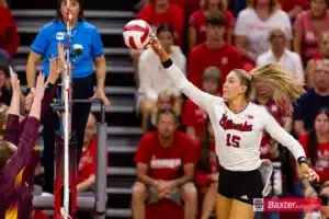 Nebraska Cornhusker Andi Jackson (15) bumps the ball against the Arizona State Sundevils in the third set during the college volleyball match Friday, September 13, 2024, in Lincoln, Nebraska. Photo John S. Peterson.