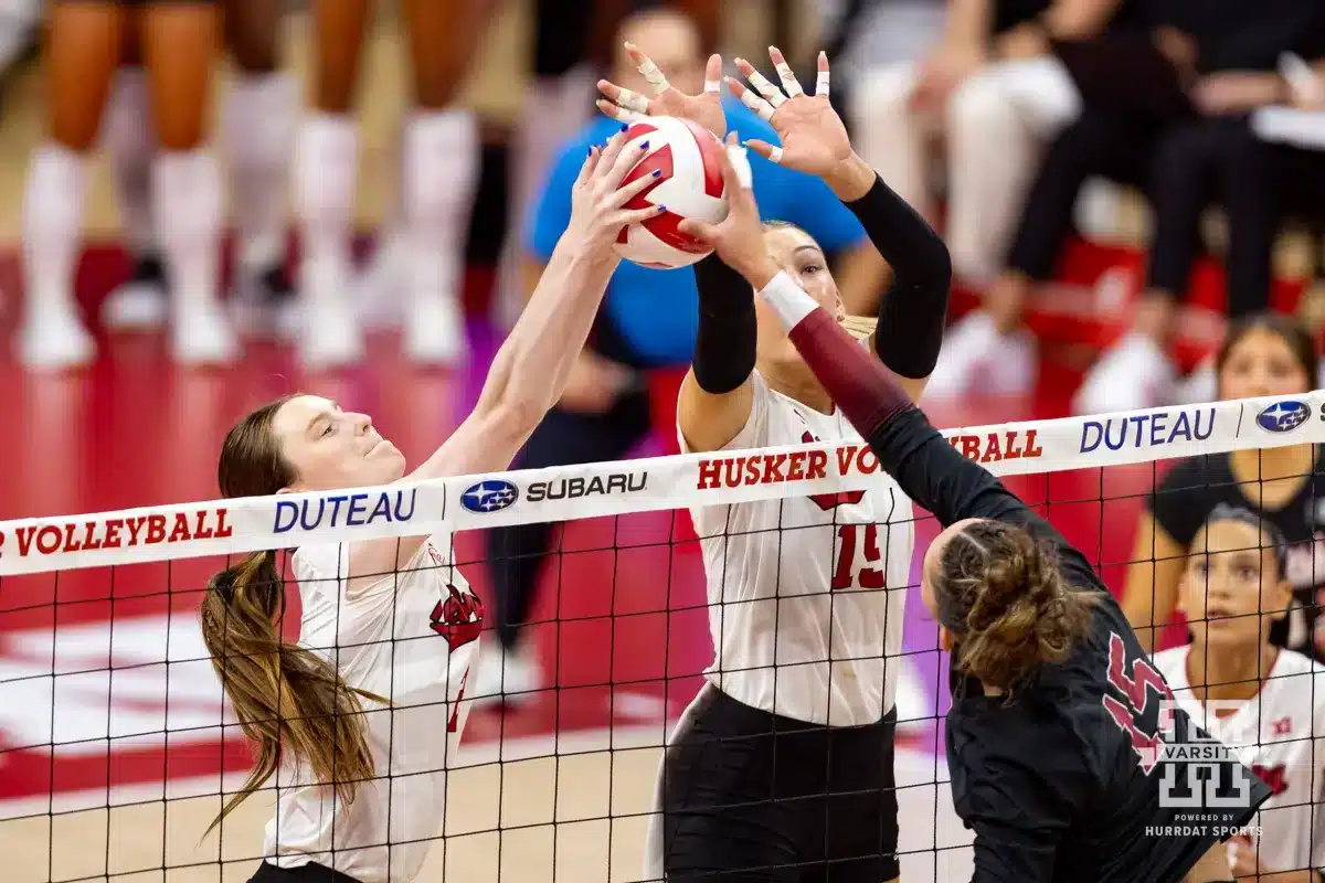 Nebraska Cornhusker Bergen Reilly (2) battles against Stanford Cardinal Ipar Kurt (15) at the net in the third set during a college volleyball match Wednesday, September 18, 2024, in Lincoln, Nebraska. Photo by John S. Peterson.