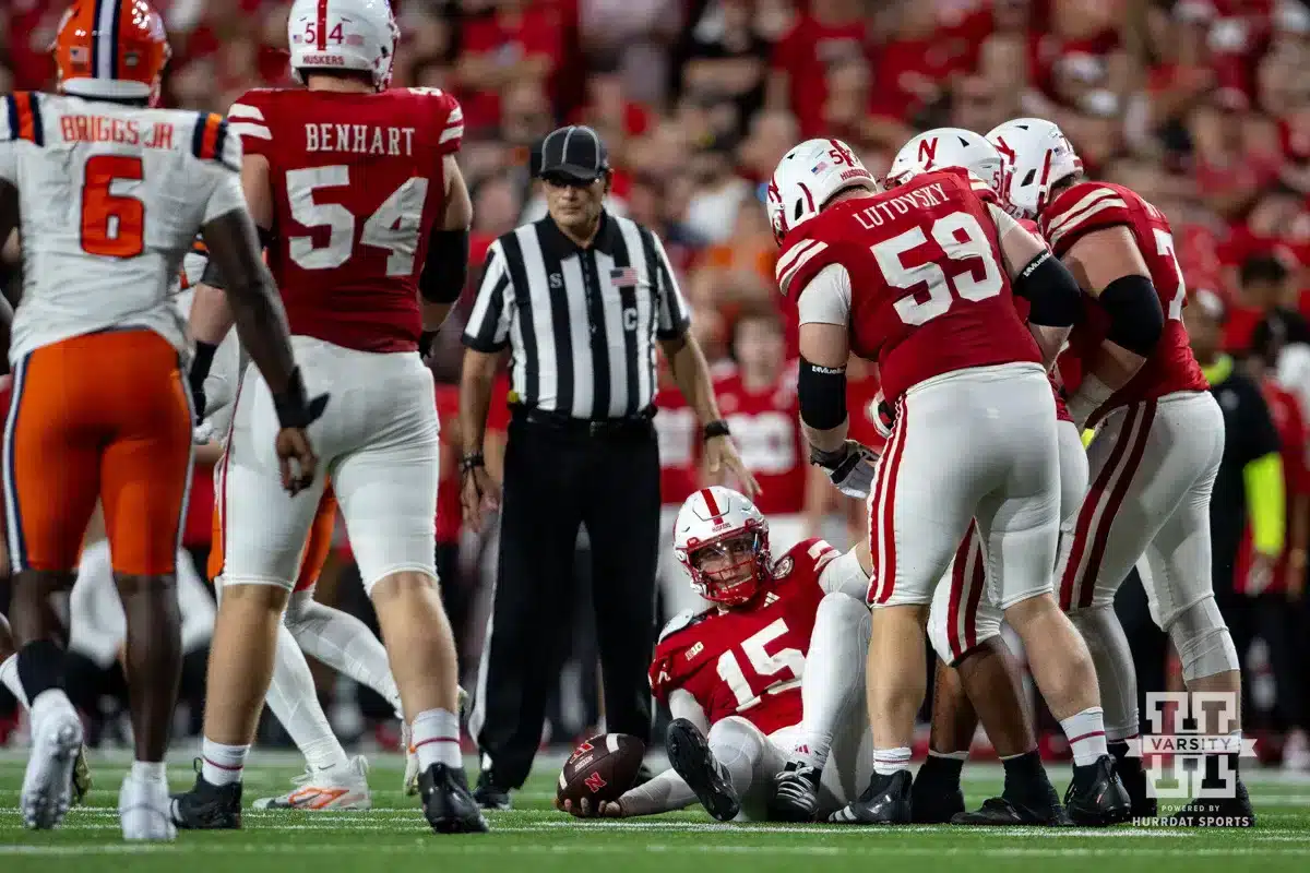 Nebraska Cornhusker quarterback Dylan Raiola (15) sacked in overtime against the Illinois Fighting Illini during a college football game Firiday, September 20, 2024, in Lincoln, Nebraska. Photo by John S. Peterson.