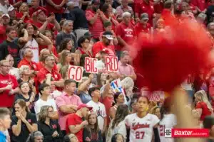 Nebraska Cornhusker fans holding up a Go Big Red signs against Wichita State during the college volleyball match Saturday, September 15, 2024, in Lincoln, Nebraska. Photo Jaelle Johnson.