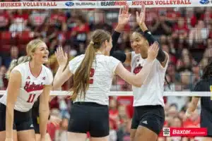 Nebraska Cornhusker Taylor Landfair (12) celebrates a point against Wichita State during the college volleyball match Saturday, September 15, 2024, in Lincoln, Nebraska. Photo Jaelle Johnson.