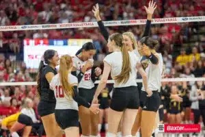 Nebraska Cornhuskers celebrate a kill against Witchita State during the college volleyball match Saturday, September 15, 2024, in Lincoln, Nebraska. Photo Jaelle Johnson.