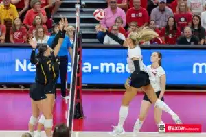 Nebraska Cornhusker Andi Jackson (15) hits the ball over the net against Wichita State during the college volleyball match Saturday, September 15, 2024, in Lincoln, Nebraska. Photo Jaelle Johnson.