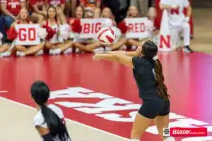 Nebraska Cornhusker Lexi Rodriguez (8) digs the ball against Wichita State during the college volleyball match Saturday, September 15, 2024, in Lincoln, Nebraska. Photo Jaelle Johnson.