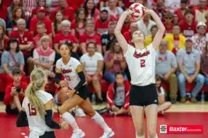 Nebraska Cornhusker Bergen Reilly (2) sets the ball against Wichita State during the college volleyball match Saturday, September 15, 2024, in Lincoln, Nebraska. Photo Jaelle Johnson.