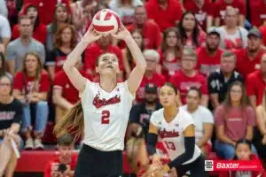 Nebraska Cornhusker Bergen Reilly (2) sets the ball against Wichita State during the college volleyball match Saturday, September 15, 2024, in Lincoln, Nebraska. Photo Jaelle Johnson.