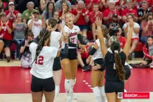 Nebraska Cornhuskers celebrate match point against Wichita State during the college volleyball match Saturday, September 15, 2024, in Lincoln, Nebraska. Photo Jaelle Johnson.