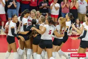 Nebraska Cornhuskers celebrate the win against Wichita State in three sets during the college volleyball match Saturday, September 15, 2024, in Lincoln, Nebraska. Photo Jaelle Johnson.