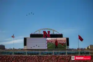 Flyover before during the National Anthem before the college football game between the Nebraska Cornhuskers and the Northern Iowa Panthers Saturday, September 14, 2024, in Lincoln, Nebraska. Photo John S. Peterson.