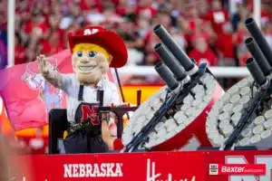 Nebraska Cornhusker mascot Herbie Huskers waves to the fans during the college football game Saturday, September 14, 2024, in Lincoln, Nebraska. Photo John S. Peterson.