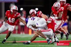 Nebraska Cornhusker defensive back DeShon Singleton (8) and Isaac Gifford tackles Northern Iowa Panther running back Tye Edwards (2) during the college football game Saturday, September 14, 2024, in Lincoln, Nebraska. Photo John S. Peterson.