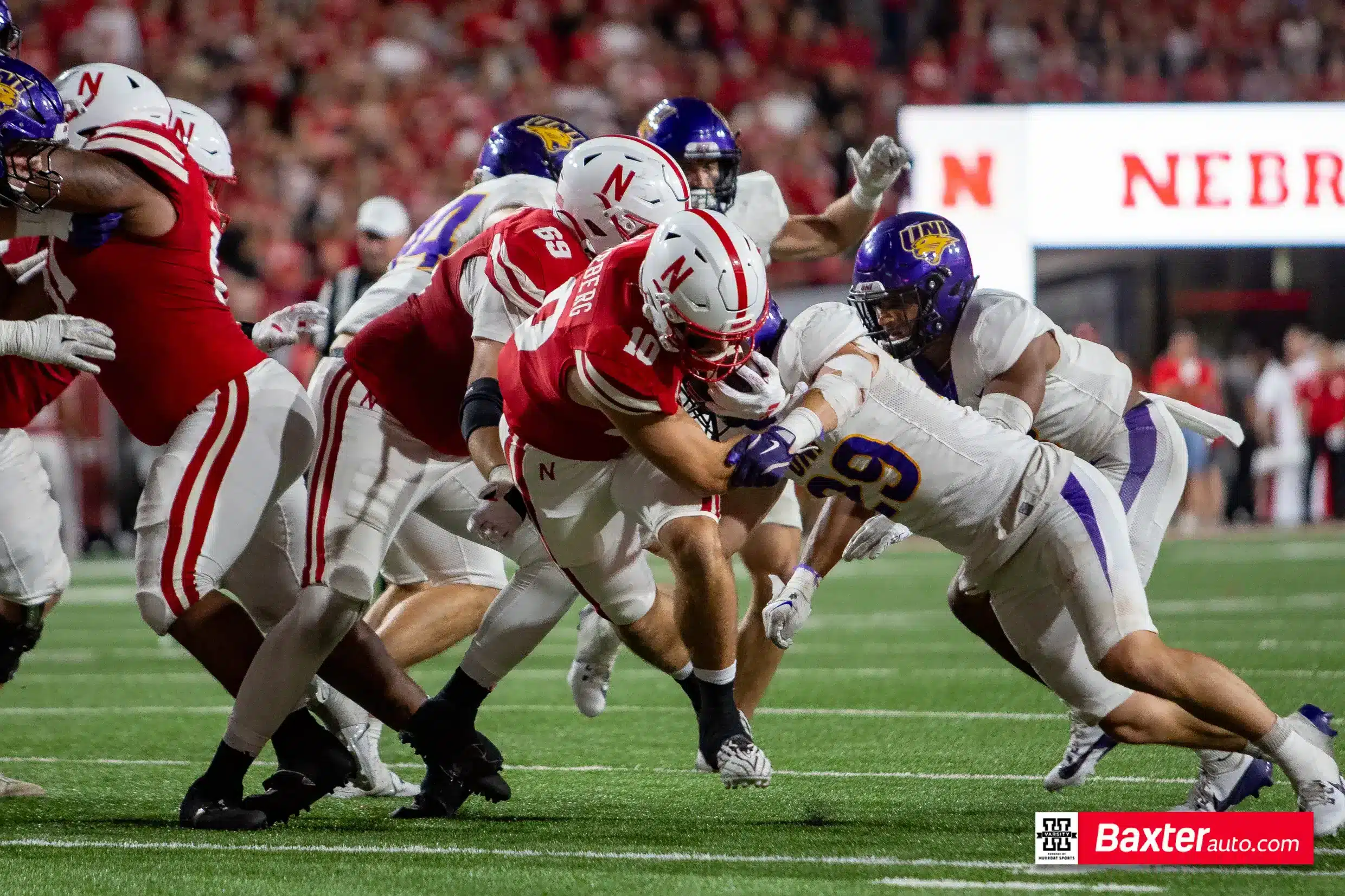 Nebraska Cornhusker quarterback Heinrich Haarberg (10) runs with the ball against the Northern Iowa Panthers during the college football game Saturday, September 14, 2024, in Lincoln, Nebraska. Photo John S. Peterson.