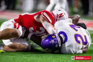 Nebraska Cornhusker linebacker Vincent Genatone (30) goes after the ball against Northern Iowa Panther wide receiver Sergio Morancy (21) during the college football game Saturday, September 14, 2024, in Lincoln, Nebraska. Photo John S. Peterson.