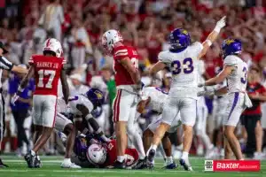 Northern Iowa Panther linebacker Ben Belken (33) signalsball intercepted against Nebraska Cornhusker wide receiver Jaylen Lloyd (19) during the college football game Saturday, September 14, 2024, in Lincoln, Nebraska. Photo John S. Peterson.