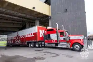 Nebraska Cornhuskers equipment truck sits under the addition of Ross-Ade Stadium during a college football game against the Purdue Boilermakers Saturday, September 28, 2024, in West Lafayette, Indiana. Photo by John S. Peterson.