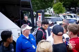 Nebraska Cornhuskers quarterback Dylan Raiola and head coach Matt Rhule arrive before taking on the Purdue Boilermakers during a college football game Saturday, September 28, 2024, in West Lafayette, Indiana. Photo by John S. Peterson.