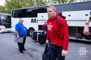 Nebraska Cornhusker offensive lineman Ben Scott (66) arrive at Ross-Ade Stadium to take on the Purdue Boilermakers during a college football game Saturday, September 28, 2024, in West Lafayette, Indiana. Photo by John S. Peterson.
