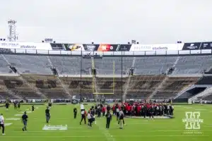 Nebraska Cornhuskers gather on the 50 in Ross-Ade Stadium before taking on the Purdue Boilermakers during a college football game Saturday, September 28, 2024, in West Lafayette, Indiana. Photo by John S. Peterson.