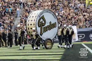 Purdue Boilermakers wheel the large drum out for the pre-game festivities before the game against the Nebraska Cornhuskers during a college football game Saturday, September 28, 2024, in West Lafayette, Indiana. Photo by John S. Peterson.