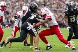 Nebraska Cornhusker defensive back DeShon Singleton (8) tackles Purdue Boilermaker running back Devin Mockobee (45) during a college football game Saturday, September 28, 2024, in West Lafayette, Indiana. Photo by John S. Peterson.