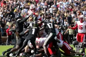 Nebraska Cornhusker wide receiver Carter Nelson (29) dives for the goal line against the Purdue Boilermakers during a college football game Saturday, September 28, 2024, in West Lafayette, Indiana. Photo by John S. Peterson.