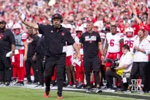 Nebraska Cornhusker head coach Matt Rhule questions a call on the goal line against the Purdue Boilermakers during a college football game Saturday, September 28, 2024, in West Lafayette, Indiana. Photo by John S. Peterson.