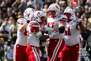 Nebraska Cornhusker running back Trent Uhlir (32) celebrates a touchdown against the Purdue Boilermakers during a college football game Saturday, September 28, 2024, in West Lafayette, Indiana. Photo by John S. Peterson.