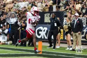 Nebraska Cornhusker wide receiver Jacory Barney Jr. (17) scores a touch down against the Purdue Boilermakers during a college football game Saturday, September 28, 2024, in West Lafayette, Indiana. Photo by John S. Peterson.