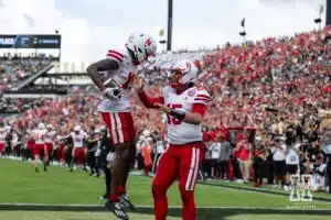 Nebraska Cornhusker wide receiver Jacory Barney Jr. (17) and quarterback Dylan Raiola (15) celebrates a touchdown against the Purdue Boilermakers during a college football game Saturday, September 28, 2024, in West Lafayette, Indiana. Photo by John S. Peterson.