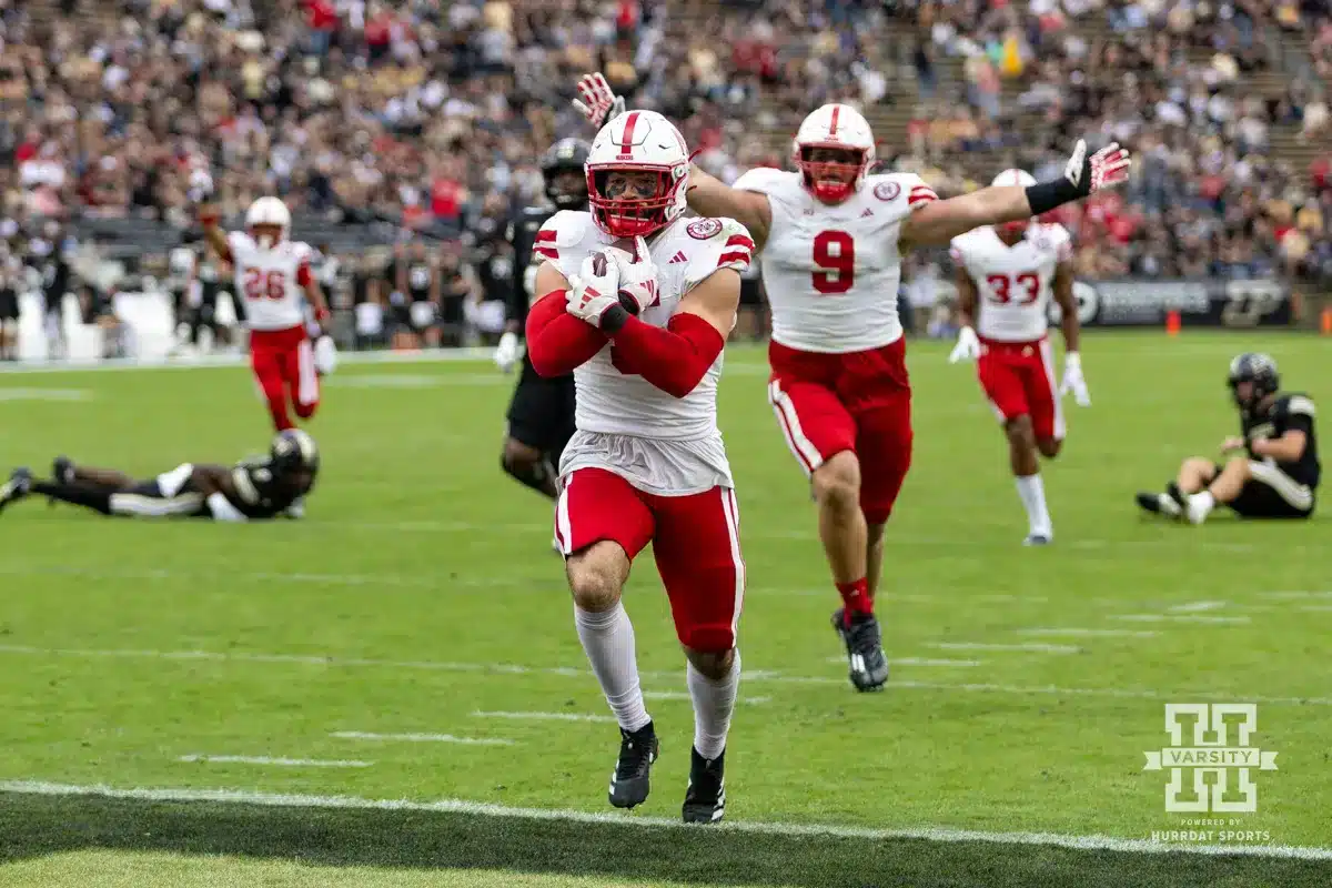 Nebraska Cornhusker linebacker John Bullock (5) scores a touchdown against the Purdue Boilermakers during a college football game Saturday, September 28, 2024, in West Lafayette, Indiana. Photo by John S. Peterson.