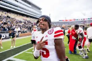 Nebraska Cornhusker defensive back Ceyair Wright (15) walks back to the locker room after the win over the Purdue Boilermakers during a college football game Saturday, September 28, 2024, in West Lafayette, Indiana. Photo by John S. Peterson.