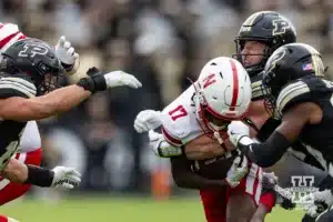 Nebraska Cornhusker wide receiver Jacory Barney Jr. (17) running with the ball against the Purdue Boilermakers during a college football game Saturday, September 28, 2024, in West Lafayette, Indiana. Photo by John S. Peterson.