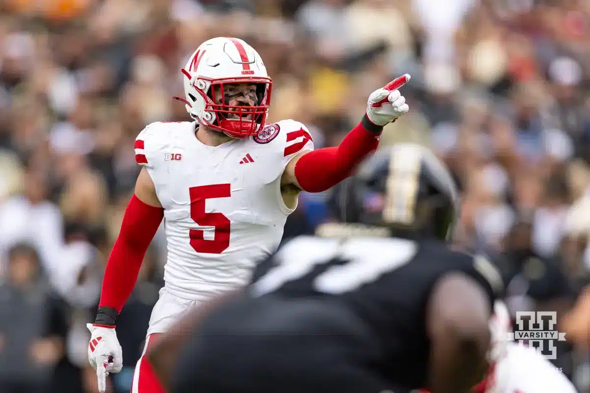 Nebraska Cornhusker linebacker John Bullock (5) making adjustments against the Purdue Boilermakers during a college football game Saturday, September 28, 2024, in West Lafayette, Indiana. Photo by John S. Peterson.