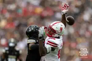 Nebraska Cornhusker wide receiver Isaiah Neyor (18) goes for a pass against Purdue Boilermaker defensive back Markevious Brown (1) during a college football game Saturday, September 28, 2024, in West Lafayette, Indiana. Photo by John S. Peterson.