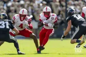 Nebraska Cornhusker running back Emmett Johnson (21) runs with the ball against the Purdue Boilermakers during a college football game Saturday, September 28, 2024, in West Lafayette, Indiana. Photo by John S. Peterson.