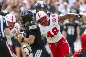 Nebraska Cornhusker linebacker MJ Sherman (48) tackle Purdue Boilermaker quarterback Hudson Card (1) during a college football game Saturday, September 28, 2024, in West Lafayette, Indiana. Photo by John S. Peterson.