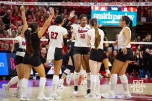 Nebraska Cornhusker Merritt Beason (13) celebrates a score against the USC Trojans during a college volleyball match Sunday, September 29, 2024, in Lincoln, Nebraska. Photo by John S. Peterson.
