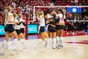 Nebraska Cornhuskers celebrates sweeping USC Trojans during a college volleyball match Sunday, September 29, 2024, in Lincoln, Nebraska. Photo by John S. Peterson.