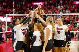 Nebraska Cornhuskers huddles up after the win over the USC Trojans during a college volleyball match Sunday, September 29, 2024, in Lincoln, Nebraska. Photo by John S. Peterson.
