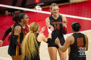 USC Trojan outside hitter Ally Batenhorst (14) celebrates against the Nebraska Cornhuskers during a college volleyball match Sunday, September 29, 2024, in Lincoln, Nebraska. Photo by John S. Peterson.