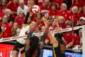 Nebraska Cornhusker Harper Murray (27) spikes the ball against the USC Trojans during a college volleyball match Sunday, September 29, 2024, in Lincoln, Nebraska. Photo by John S. Peterson.