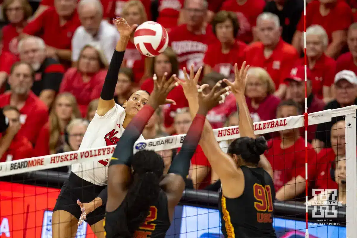 Nebraska Cornhusker Harper Murray (27) spikes the ball against the USC Trojans during a college volleyball match Sunday, September 29, 2024, in Lincoln, Nebraska. Photo by John S. Peterson.