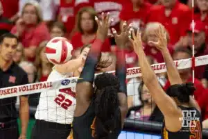 Nebraska Cornhusker Lindsay Krause (22) spikes the ball against the USC Trojans during a college volleyball match Sunday, September 29, 2024, in Lincoln, Nebraska. Photo by John S. Peterson.