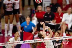 Nebraska Cornhusker Bergen Reilly (2) sets the ball back against the USC Trojans during a college volleyball match Sunday, September 29, 2024, in Lincoln, Nebraska. Photo by John S. Peterson.
