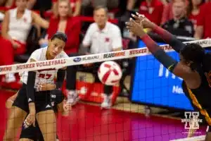 Nebraska Cornhusker Harper Murray (27) spikes the ball against the USC Trojans during a college volleyball match Sunday, September 29, 2024, in Lincoln, Nebraska. Photo by John S. Peterson.