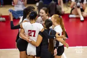 Nebraska Cornhusker Bergen Reilly (2) celebrates against the USC Trojans during a college volleyball match Sunday, September 29, 2024, in Lincoln, Nebraska. Photo by John S. Peterson.