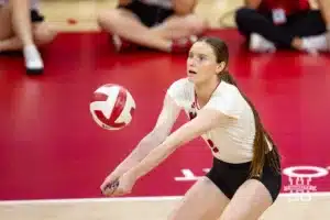 Nebraska Cornhusker Bergen Reilly (2) digs the ball against the USC Trojans during a college volleyball match Sunday, September 29, 2024, in Lincoln, Nebraska. Photo by John S. Peterson.