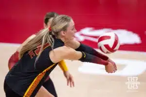 USC Trojan outside hitter Ally Batenhorst (14) digs the ball against the Nebraska Cornhuskers during a college volleyball match Sunday, September 29, 2024, in Lincoln, Nebraska. Photo by John S. Peterson.